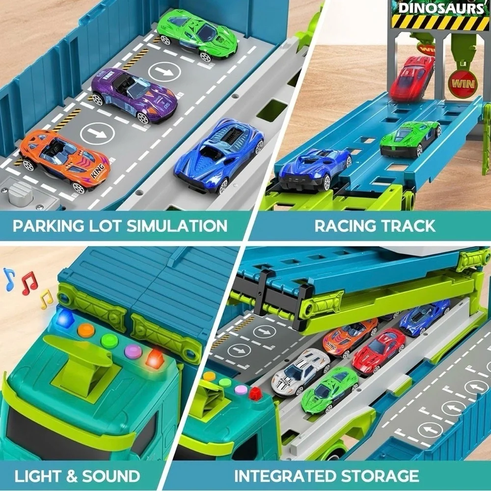 NWOT Dinosaur Adventure EXTENDABLE 47in Transport Truck TRACK - 6 Cars Included